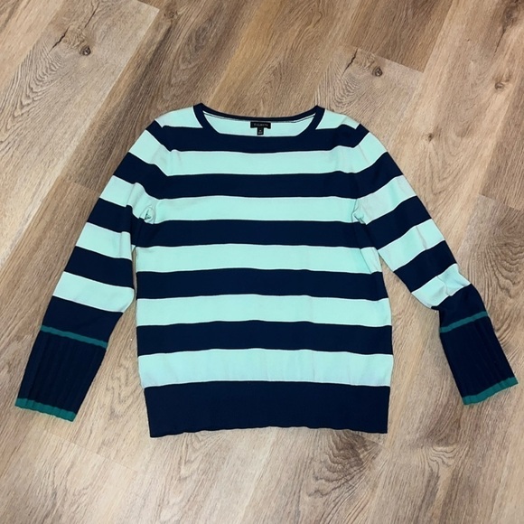 Talbots Mint Green/Navy Lightweight Striped Sweater Pleated Trim Cuffs Medium - Picture 1 of 6